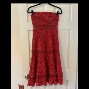 Red Lace Keepsake Strapless Midi Dress